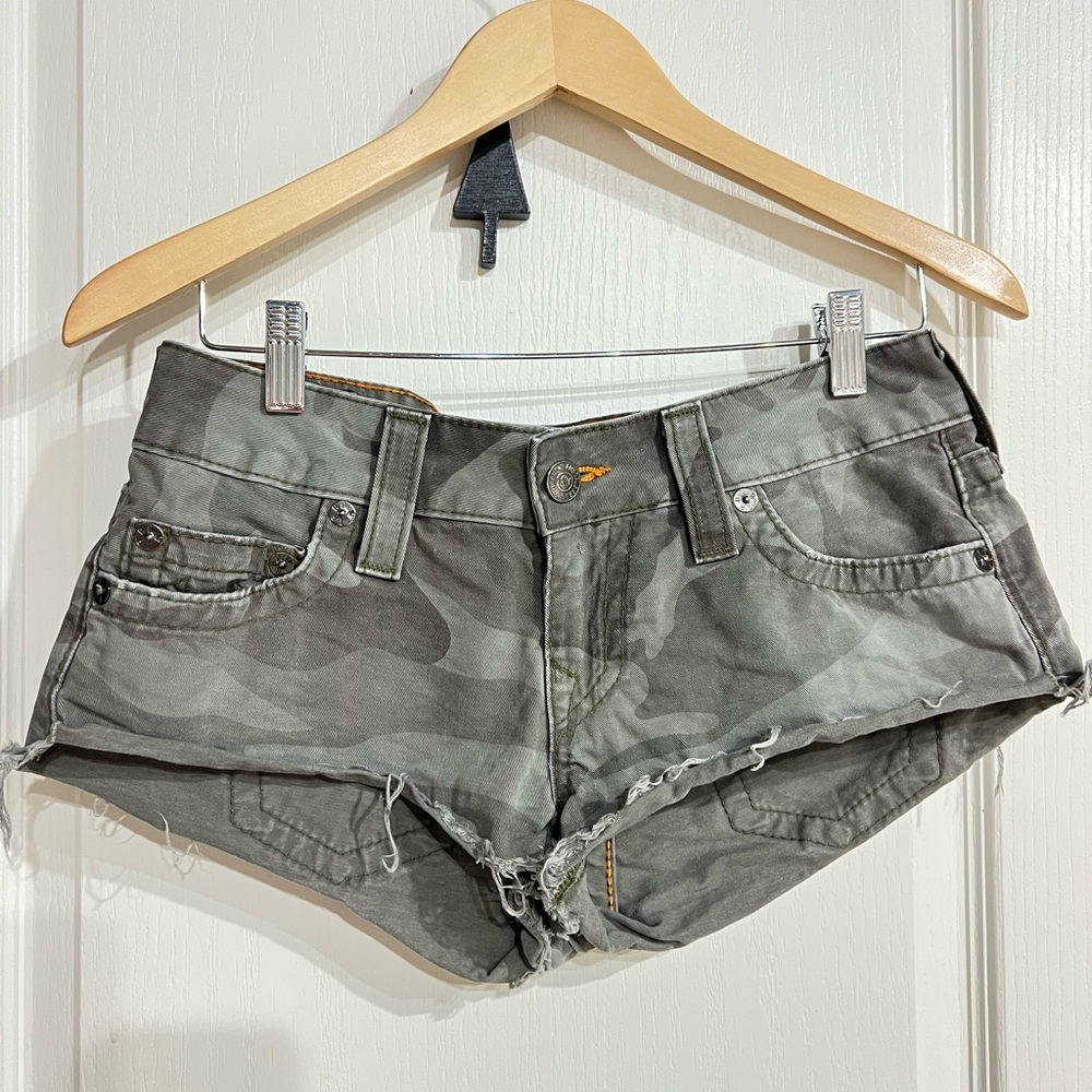 True Religion Gray Jean Shorts with Distressed Details
